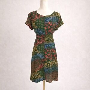 Vintage Boutique Bohemian Patchwork Dress Ethnic Print Drawstring Back Tie